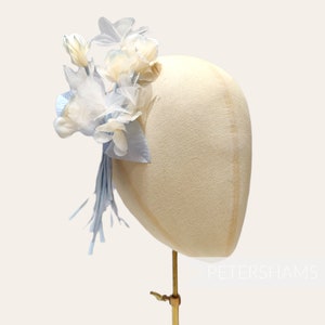 Silk & Organza &#39;Phoebe&#39; Hydrangea Millinery Flower Mount for Hat Making - Ivory and Light Blue