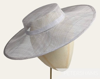 Large Brim Sinamay Boater Fascinator Hat Base for Millinery & Hat Making - Pale Grey