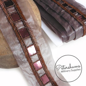 Square Sequin and Beaded Sheer Insertion Trim for Hat Trims & Millinery - 1m - Copper