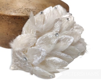 Wired Hackle Feather and Velvet Feather Pad for Millinery and Fascinators - Ivory with Diamantes