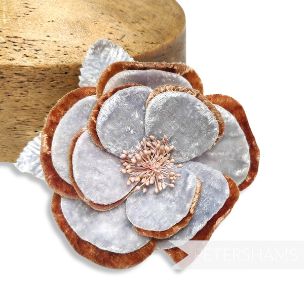 12cm 'Winona' Double Petal Velvet Camellia Millinery Flower - For Fascinators and Hat Trimming - Pale Blue with Mocha