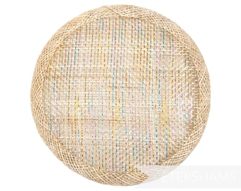 May include: A round, beige hat base made of woven straw with a shimmery iridescent finish.