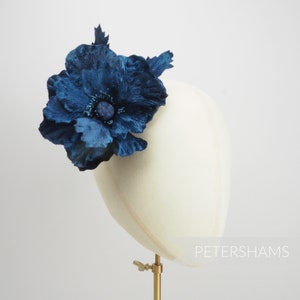 Velvet &#39;Mary&#39; Poppy Millinery Flower Hat Mount for Fascinators and Hat Trimming - Navy Blue