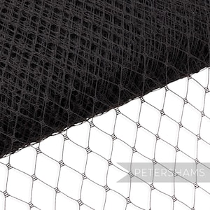 May include: Close-up of black netting fabric with a honeycomb pattern. The fabric is tightly woven, creating a dense texture. The netting is displayed against a white background, with the brand name "PETERSHAMS" visible in the lower right corner.