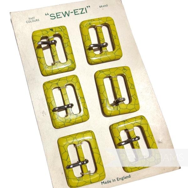 Vintage 1950/60s Crased Pattern 'Sew-Ezi' Hat / Belt Buckles - Card of 6 - For Millinery and Hat Making - Lemon and Lime