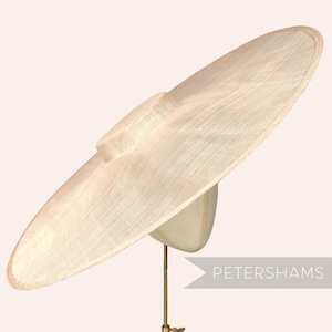 Peut inclure: Un chapeau crème à larges bords avec une couronne structurée et un large bord circulaire. Le chapeau est fait d'un matériau tissé et est présenté sur une tête de mannequin. Le texte "PETERSHAMS" est visible sur le côté droit de l'image.