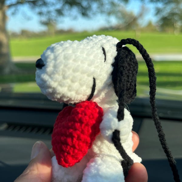 Crochet White Dog Puppy with Heart in Flower Basket Bag & Car Charm Birthday Gifts  Valentine's Day