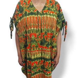 Adire Kaftan Dye Dress with Stones | Tie-Sleeve African Batik Gown | Green & Orange | Handmade Cotton | One Plus Size | Lounge or Event Wear