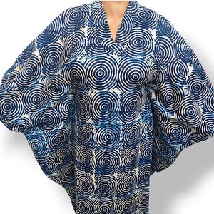 Adire V-Neck Kaftan Dress | One Size Long Dress with Stones | Blue & Cream Bubble Sleeve Maxi | Inner Rope Tie | African Style | Plus Size
