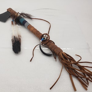 Native American Style Ceremonial Tomahawk Beaded Leather Wrap Feathers Dreamcatcher Fringe Decor