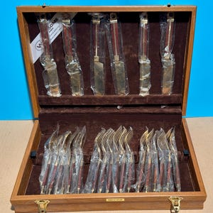 Winsome Nickel Bronze 24 Piece Flatware Set Rosewood Handles Wood Case NOS Thailand