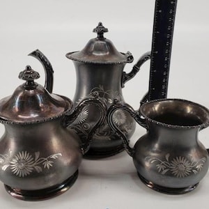 Vintage Rockford Silver Plate Tea Set - Teapot, Creamer, Sugar Bowl - #340