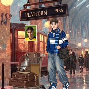 May include: Illustration of a young person at Platform 9 3/4, wearing a blue and white striped sweater, jeans, and blue sneakers. A luggage cart holds suitcases and a birdcage. The scene evokes a magical train station.