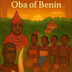 Puede incluir: Una ilustración de un rey, u Oba, de Benin, que lleva una corona roja y naranja y una túnica roja con cuentas naranjas. Está rodeado de otras cuatro personas, dos mujeres y dos hombres, todos vestidos con ropa tradicional. La escena está ambientada en un bosque con una casa en el fondo. También hay varios objetos en el suelo, como una cesta, una olla y un collar.