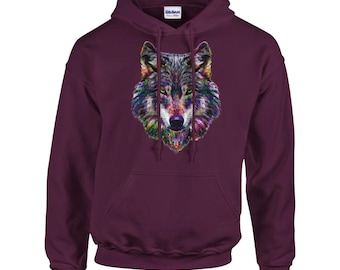 Bunter Grauer Wolf Hoodie, Wolfssweat in Regenbogenfarben mit Kapuze, Gildan 18500
