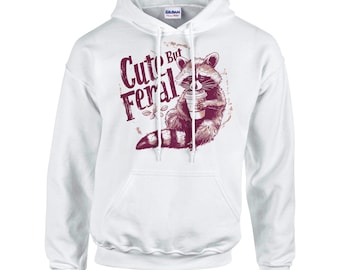 Cute but feral raccoon hoodie | vintage retro sarcastic funny raccoon sweatshirt, cute but feral pink hue hoodie, Gildan 18500