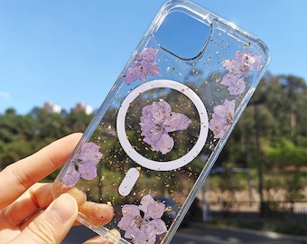 Funda para iPhone hecha a mano con flores prensadas: Diseño floral seco real
