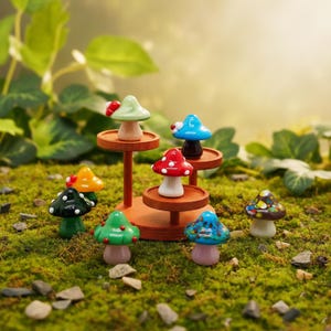 Peut inclure: Plusieurs figurines de champignons en verre coloré, dont certains avec des pois blancs, sont exposées sur de petits présentoirs en bois et de la mousse. Les champignons sont de différentes couleurs, notamment rouge, vert, bleu et jaune. La scène se déroule en extérieur.