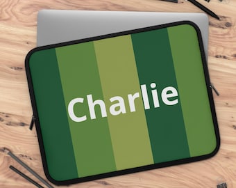Custom Computer Case, Green Stripes, Laptop Sleeve, Technology Accessory, Office Supplies
