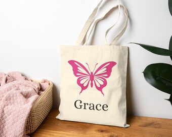 Pink Butterfly Personalizable Tote Bag, Cotton Canvas Shopper, Eco-Friendly Bag, Gift for Her, Summer Tote, Butterfly Lover's Gift