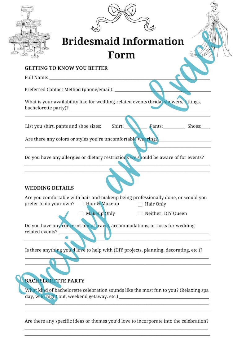 Bridesmaid Questionnaire Template Etsy
