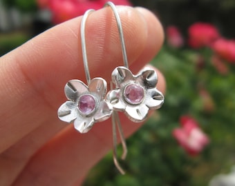 Cherry Blossom Pink Sapphire Hook Earrings Handcrafted Fine Silver