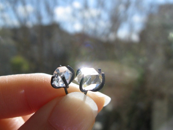 Herkimer Diamond Earrings in Silver - Oxidized Argentium