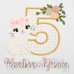 Girls&#39; Kitty Birthday Shirt: Custom Cat with Flowers, Appliqued