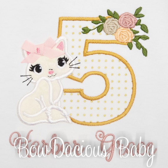 Girl's Kitty Birthday Shirt, Cat with Flowers Birthday Shirt, Kitty with Flowers Birthday, Custom, ANY AGE/COLORS, Aippliqued Il_570xn