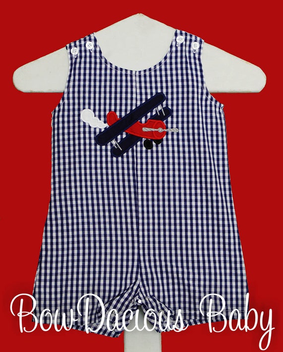 Personalized Airplane Jon Jon, Monogram Shortall, Monogrammed Jon Jon, Boys Monogram Outfit, Gingham Outfit, Summer Outfit, Jonjon, Custom Il_570xn