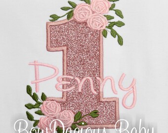 Rose Gold Birthday Shirt, Rose Gold Glitter, Floral, Flower, Rose, Gold, Coral, Blush, Pink, Applique, Personalized, Rose Birthday Shirt