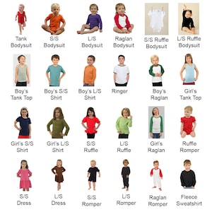 May include: Style chart showing different types of clothing for babies and children, including tank tops, shirts, dresses, rompers, and sweatshirts. The chart is organized by style and includes both short-sleeved and long-sleeved options.