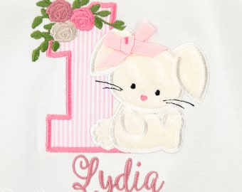 Bunny Birthday Shirt, Girl's Bunny Birthday Shirt, Rabbit Birthday, Bunny with Flowers Birthday Shirt, Custom, ANY AGE/COLORS, Embroidered