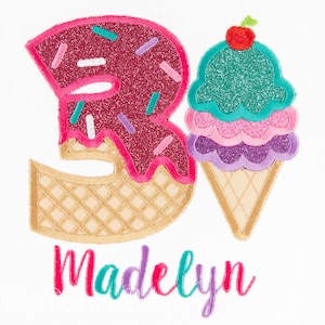 3 Scoops Ice Cream Birthday Shirt, Girls Ice Cream Birthday Shirt, Embroidered, Ice Cream Birthday Shirt, Personalized, Custom, YOU PICK