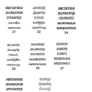 May include: A collection of 11 different font styles, each displayed with the alphabet in uppercase and lowercase, along with numbers. The fonts are all in a black color and have a whimsical, handwritten style.