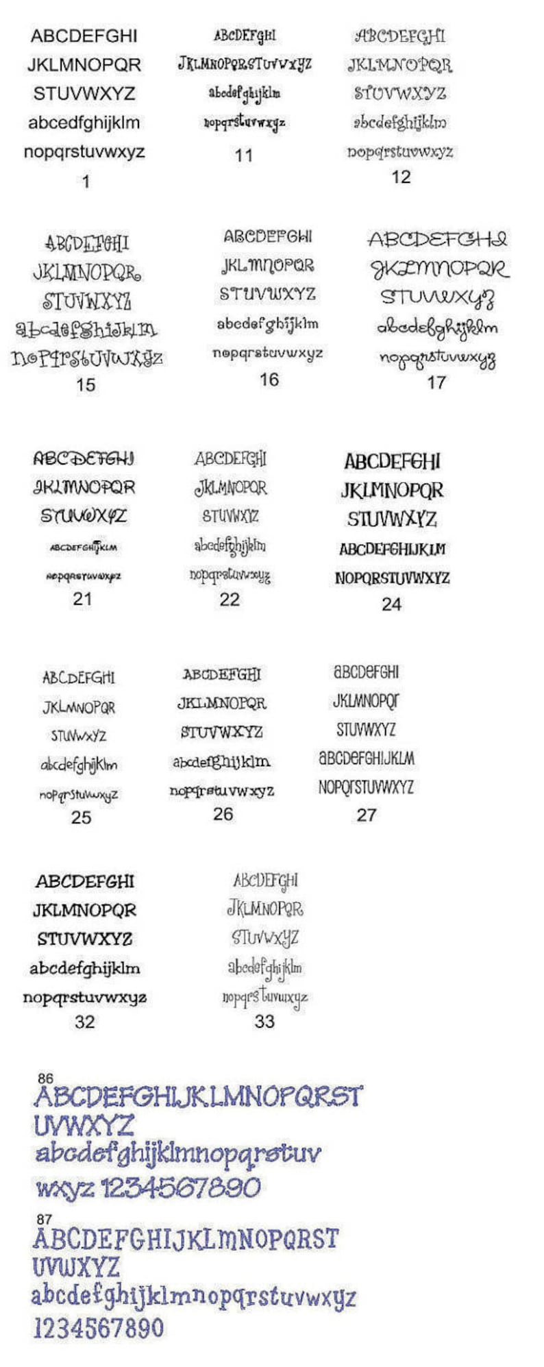 May include: A collection of 11 different font styles, each displayed with the alphabet in uppercase and lowercase, along with numbers. The fonts are all in a black color and have a whimsical, handwritten style.