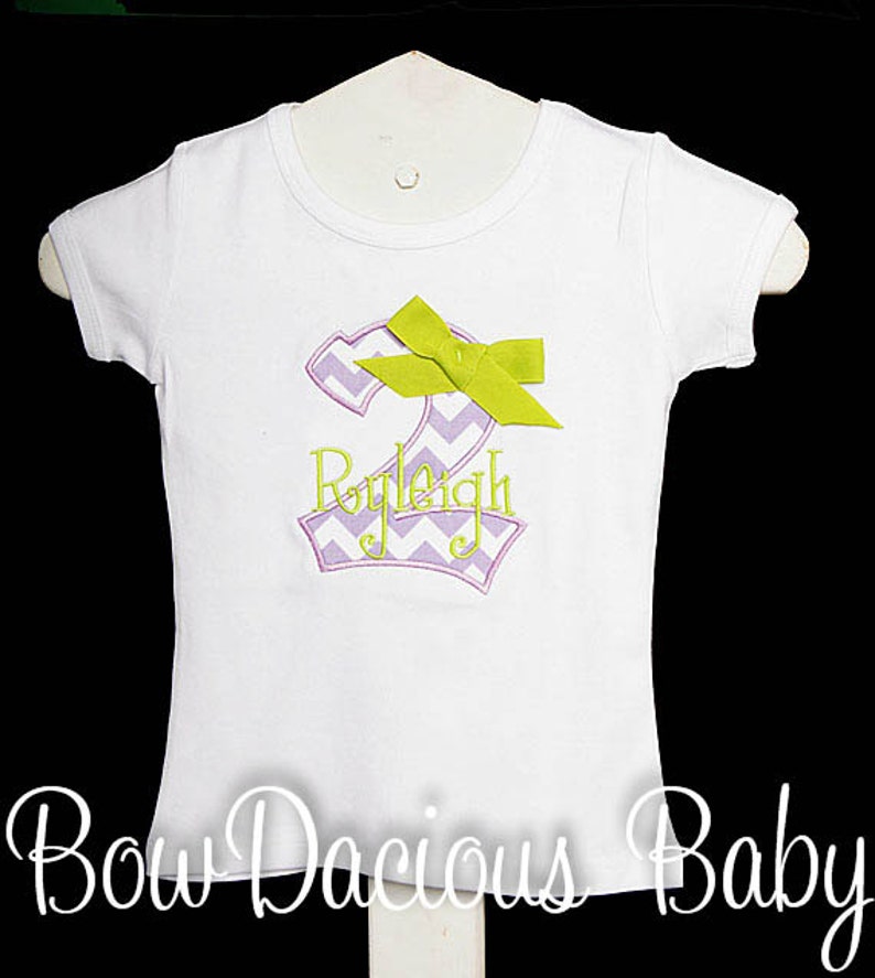 Girls Birthday Shirt, Birthday Number Shirt, Second Birthday Shirt, Custom Colors, Any Age, Purple and Green, Number with Bow, Bodysuit, Age image 2