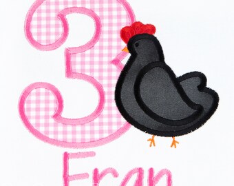 Hen Birthday Shirt, Girls Chicken Birthday Shirt or Bodysuit, Farm Birthday Shirt, Embroidered, Custom, ANY AGE/COLORS