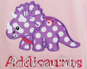Dinosaur Girl Applique Shirt, Dinosaur Birthday Shirt or Bodysuit, Girl Dino Shirt, Triceratops Shirt, Pink Dinosaur, Custom, Personalized