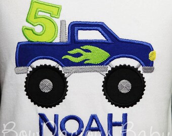 Monster Truck Birthday Shirt, Appliqued Birthday Shirt, Monster Truck Party, Any Age, Custom Colors, Boys' Birthday Shirt