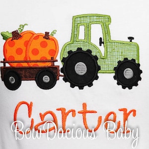 Boys Fall Shirt, Halloween Shirt, Tractor with Pumpkin, Pumpkin Patch Shirt, Custom Embroidered Applique Shirt, Fall Outfit, Thanksgiving