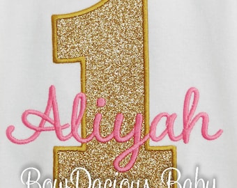 First Birthday Shirt, First Birthday Bodysuit, Girls First Birthday Shirt, First Birthday Outfit, Custom Colors, Any Age, Pink and Gold