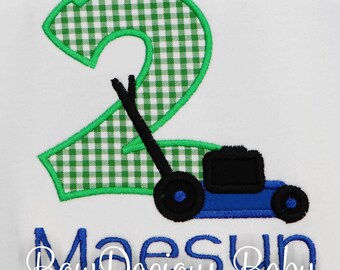 Lawn Mower Birthday Shirt, Personalized Birthday Boy Shirt, Number, Monogrammed, Custom Fabric Choices and Colors, Boys Birthday Shirt