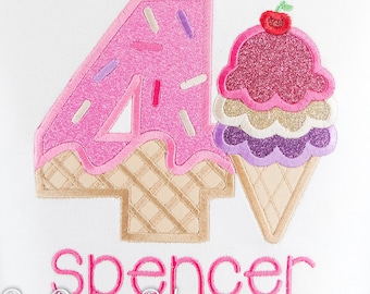 Ice Cream Birthday Shirt for Girls or Boys, Custom Embroidered Tee Ages 1st to 9th, Any Colors, Personalized