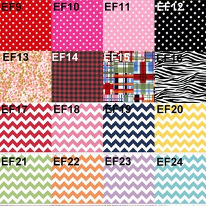 May include: A collection of fabric swatches with various patterns. The swatches include polka dots, plaid, stripes, and chevron designs in a variety of colors such as red, pink, blue, green, and yellow. Each swatch is labeled with a code.