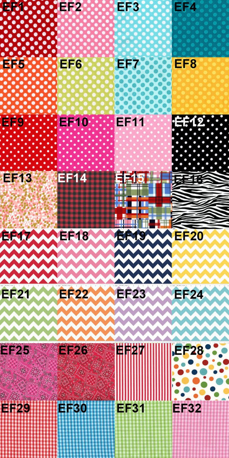 May include: A collection of fabric swatches with various patterns. The swatches include polka dots, plaid, stripes, and chevron designs in a variety of colors such as red, pink, blue, green, and yellow. Each swatch is labeled with a code.