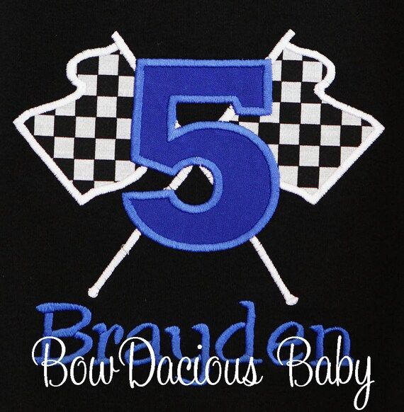 Boys Racing 5th Birthday Shirt, Checkered Flag Birthday Shirt Embroidered and Appliqued Birthday Shirt, Any Age, Custom Colors Il_570xn
