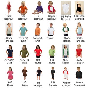 May include: A style chart displays various children's clothing items. The chart includes bodysuits, shirts, dresses, rompers, and sweatshirts in different styles, such as raglan, ruffle, and full zip. The text "Style Chart" is at the top.