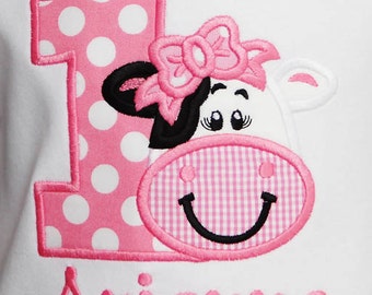 Girl's Cow Birthday Shirt or Bodysuit, Girl's Farm Birthday Shirt, Cow Birthday Appliqué Shirt, Girl's Cow Party Shirt, Any Age, Party Shirt