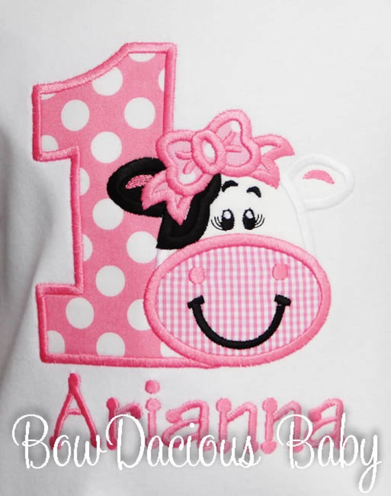 Girl's Cow Birthday Shirt or Bodysuit, Girl's Farm Birthday Shirt, Cow Birthday Appliqué Shirt, Girl's Cow Party Shirt, Any Age, Party Shirt Il_570xn